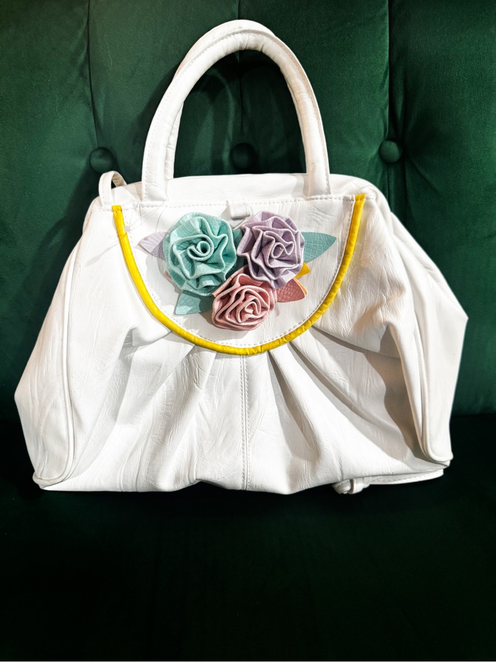 LaTique White Shoulder Bag with Pastel Floral Appliques & Yellow Trim